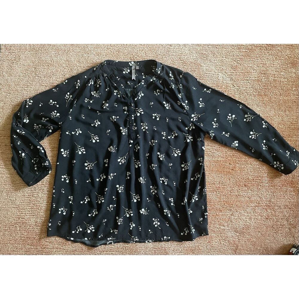 Brina & Em Black Floral Blouse 1X Plus Size Long Sleeve Rayon Boho Tunic Top